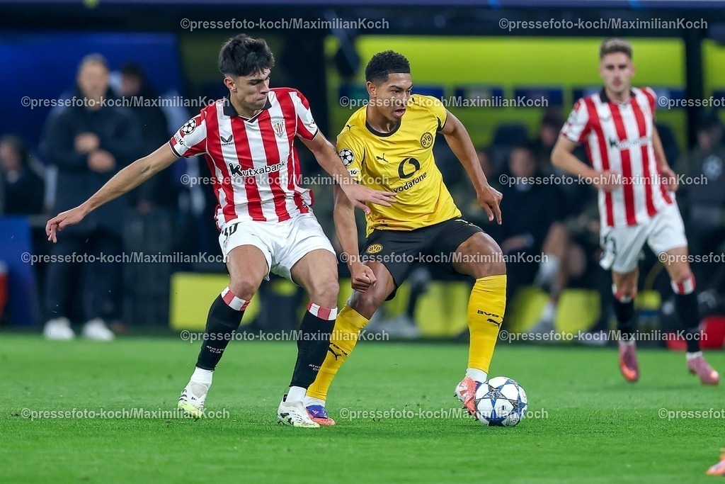 UCL01102501031 | 01.10.2025, Fußball, UEFA Champions League, Borussia Dortmund - Athletic Club Bilbao, BVB Stadion, 2. Spieltag, Saison 2025 2026: Alejandro Rego (Bilbao #30) im Zweikampf gegen  Jobe Bellingham (BVB #07)  Regulations prohibit any use of photographs as image sequences and or quasi-video.