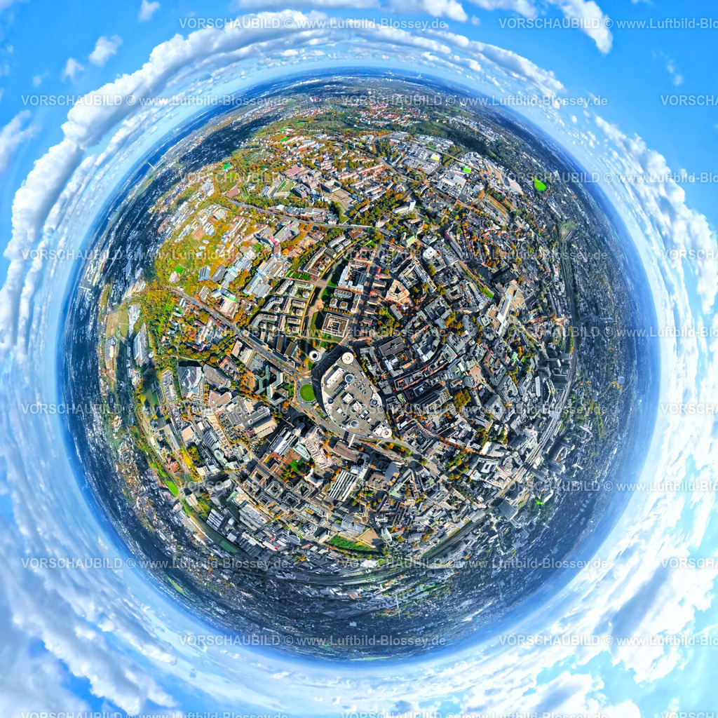 Essen251003508Mitte | Luftbild, City Innenstadt mit Limbecker Platz Einkaufszentrum, Funke Medienturm und Medienhaus, Grüne Mitte Essen Universitätsviertel, Wohngebiet und Geschäftszentrum Westviertel, Erdkugel, Fisheye Aufnahme, Fischaugen Aufnahme, 360 Grad Aufnahme, tiny world, little planet, fisheye Bild, Stadtkern, Essen, Ruhrgebiet, Nordrhein-Westfalen, Deutschland