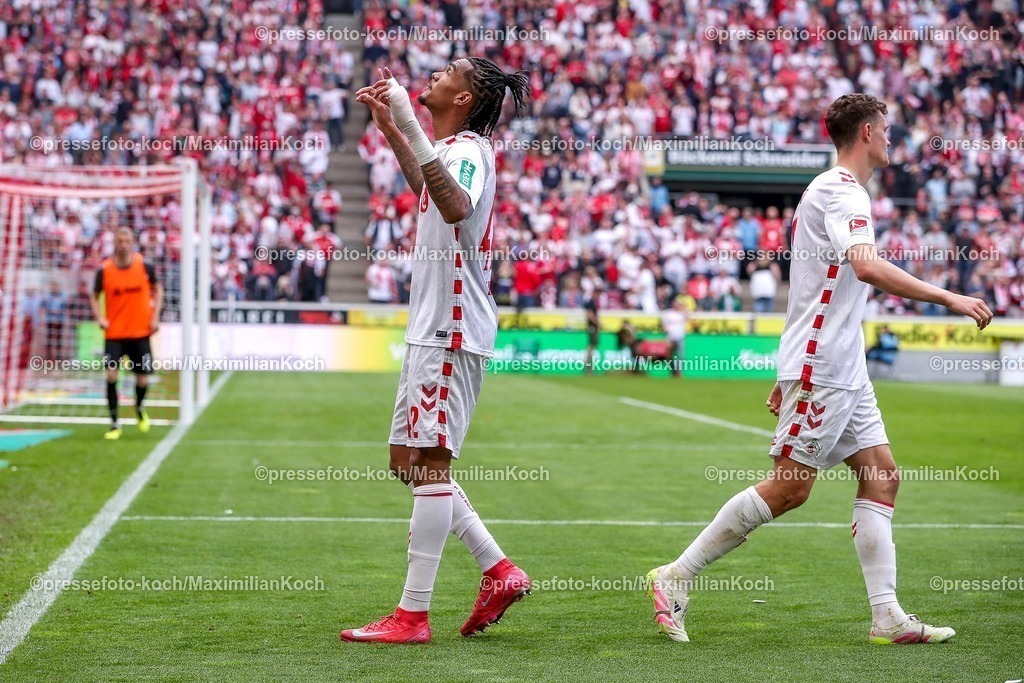 1FC20042501120 | 20.04.2025, Fußball, 1. FC Köln - Preußen Münster, 2.. Fußball Bundesliga, 30. Spieltag, RheinEnergie-STADION, Saison 2024 2025: Torjubel nach dem Tor zum 3:1 durch Torschütze Damion Downs (FC Koeln #42) . DFB regulations prohibit any use of photographs as image sequences and or quasi-video.