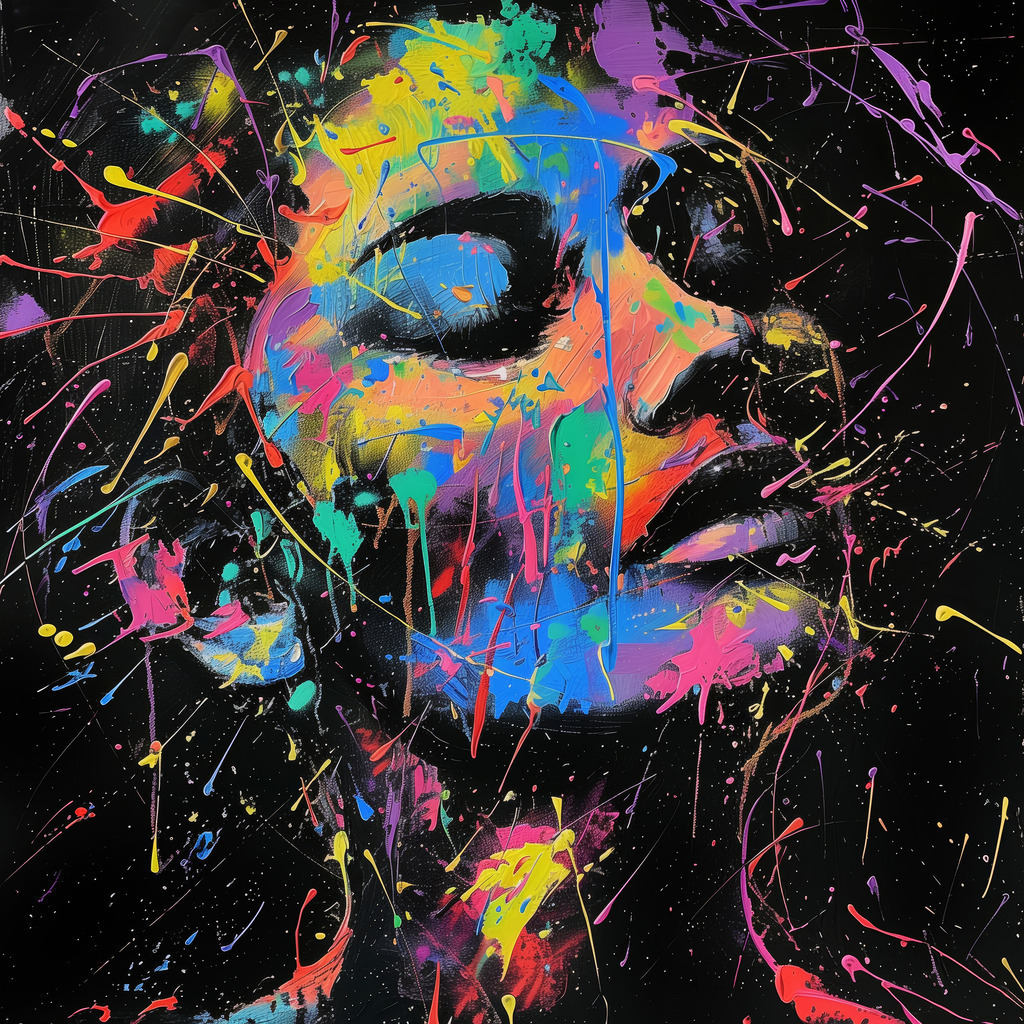 2408009 - Porträt Splash | Modernes Porträt im Stil eines Pop Art Gemäldes mit vielen bunten Farbspritzern. Bestellen Sie dieses Motiv als hochwertigen Kunstdruck in verschiedenen Ausführungen und Größen.