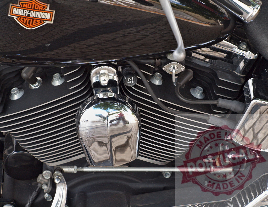 Harley-Davidson motorcycle engine with chrome details | Harley-Davidson V-twin engine showing black cylinders and shining chrome - Realisiert mit Pictrs.com