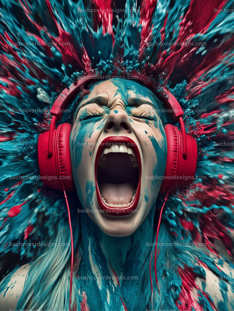 Gesicht einer Frau mit Kopfhörer (174) | vivid colors - high detail - photographic - sureal - studio photo of a screaming woman face with a red headphone, background explosion different blue colorful paint splashes --chaos 5 --ar 3:4 --stylize 50 --weird 100 --v 6.1 Job ID: 2f63938d-34b6-41fe-9979-a65a8df46346