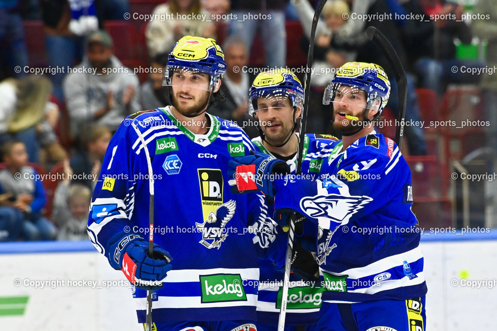 EC IDM Wärmepumpen VSV vs. HC Pustertal 8.10.2023 | Jubel EC VSV, #8 REBERNIG Maximilian EC VSV,  #46 WALL Alex EC VSV, #46 WALL Alex EC VSV,   #9 RAUCHENWALD Alexander EC VSV, EC IDM Wärmepumpen VSV vs. HC Pustertal 8.10.2023, EC IDM Wärmepumpen VSV vs. HC Pustertal am 08.10.2023 in Villach (Stadthalle Villach), Austria, (Photo by Bernd Stefan)