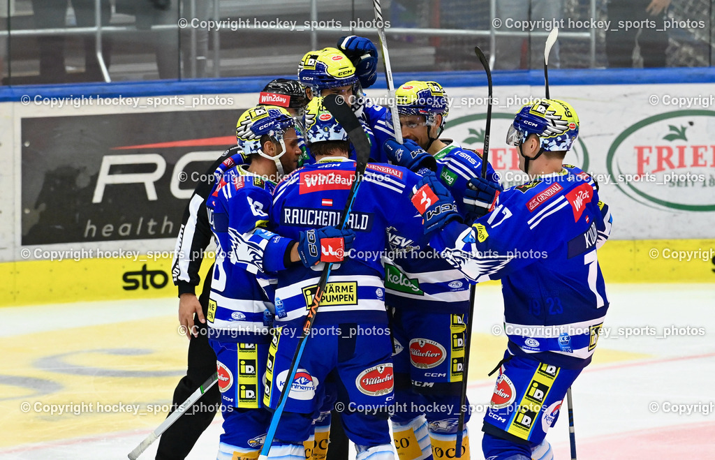 EC IDM Wärmepumpen VSV vs. HC Bozen 19.9.2023 | #88 Anthony Luciani, #9 RAUCHENWALD Alexander, #17 Arturs Kulda, Jubel EC VSV Mannschaft, win2day icehockeyleague, EC IDM Wärmepumpen - HC Bozen  am 19.09.2023 in Villach (Stadhalle Villach), Austria, (Photo by Bernd Stefan)
