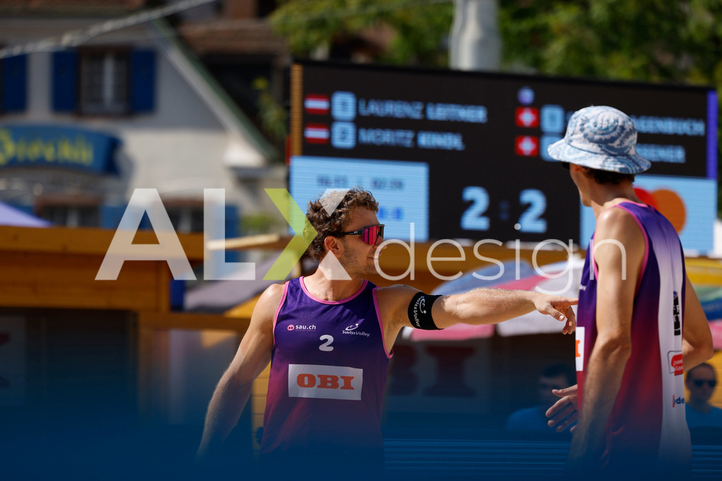 Obi BeachTour 2026 - Basel | BASEL, SWITZERLAND - JULY 18: SIMON HAGENBUCH (SUI) and YVES HAUSSENER (SUI) during the Obi BeachTour 2026 match between HAGENBUCH / HAUSSENER (SUI) and LEITNER / KINDL (AUT) at Barfüsserplatz on July 18, 2026 in Basel, Switzerland. - Realisiert mit Pictrs.com