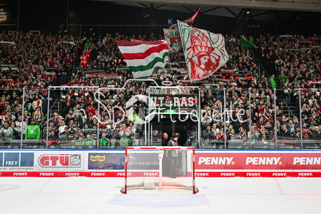Augsburger Panther - Düsseldorfer EG | Die Fans der Ausburger Panther feiern zusammen mit der Mannschaft den wichtigen Heimsieg gegen Duesseldorf / DEL: Augsburger Panther - Duesseldorfer EG, Curt Frenzel Stadion am 04.03.2025