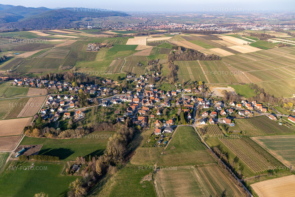 Aerial view: View of the town in Oberhoffen-lès-Wissembourg in the state Bas-Rhin, France.Photo: IMG_130946.jpg taken on 03/22/2022 by Werner Riehm/FLY-FOTO.comResolution of the original: 5472 x 3648 px
