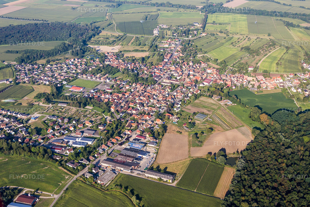 Luftbild: Ortsansicht der Straßen und Häuser der Wohngebiete in Obenheim im Bundesland Bas-Rhin in Frankreich. Foto: IMG_093227.jpg vom 16.08.2016 durch Werner Riehm/FLY-FOTO.de
