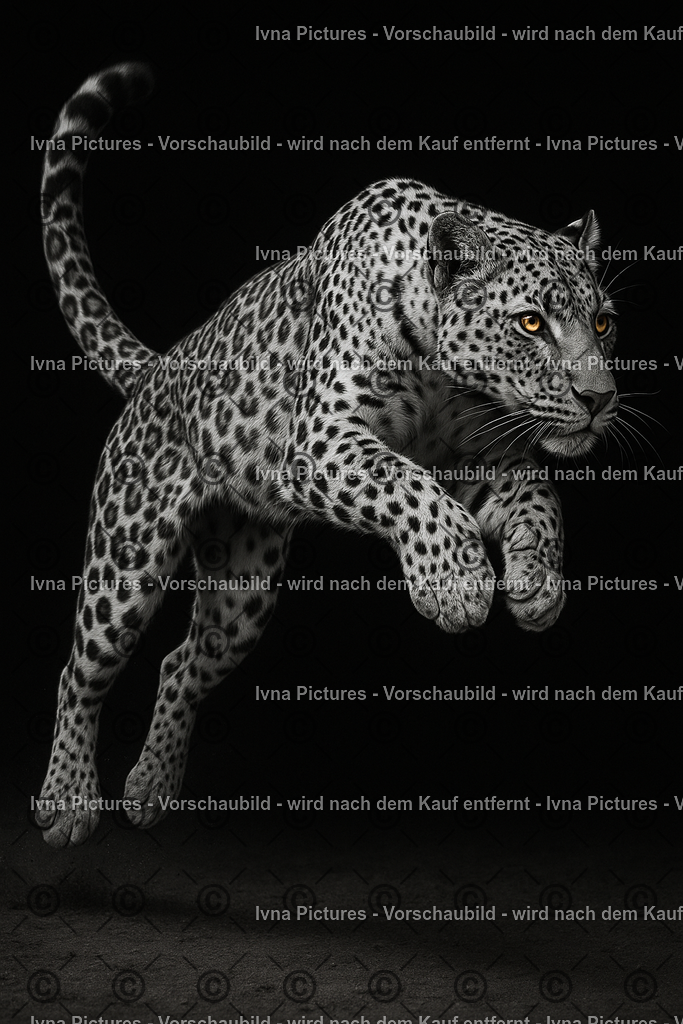 Sprung aus der Finsternis | Der gefleckte Großkatzenkörper hebt sich kraftvoll vom dunklen Hintergrund ab, während das Tier in eleganter Spannung durch die Luft gleitet. Die goldenen Augen funkeln entschlossen und verleihen der Szene eine beeindruckende Mischung aus Wildheit, Präzision und lautloser Energie. - Realisiert mit Pictrs.com