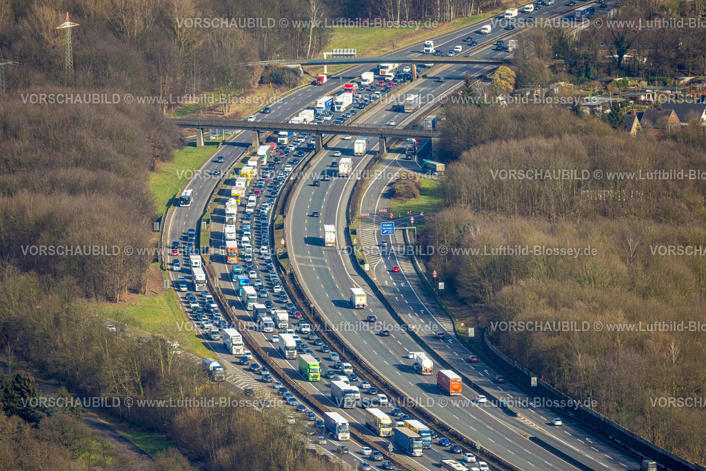 Bottrop250202261Mitte | Luftbild, Verkehrsstau auf der Autobahn A2 am Dreieck Bottrop, LKW-Schlange und PKW-Schlange, Stadtwald, Bottrop, Ruhrgebiet, Nordrhein-Westfalen, Deutschland