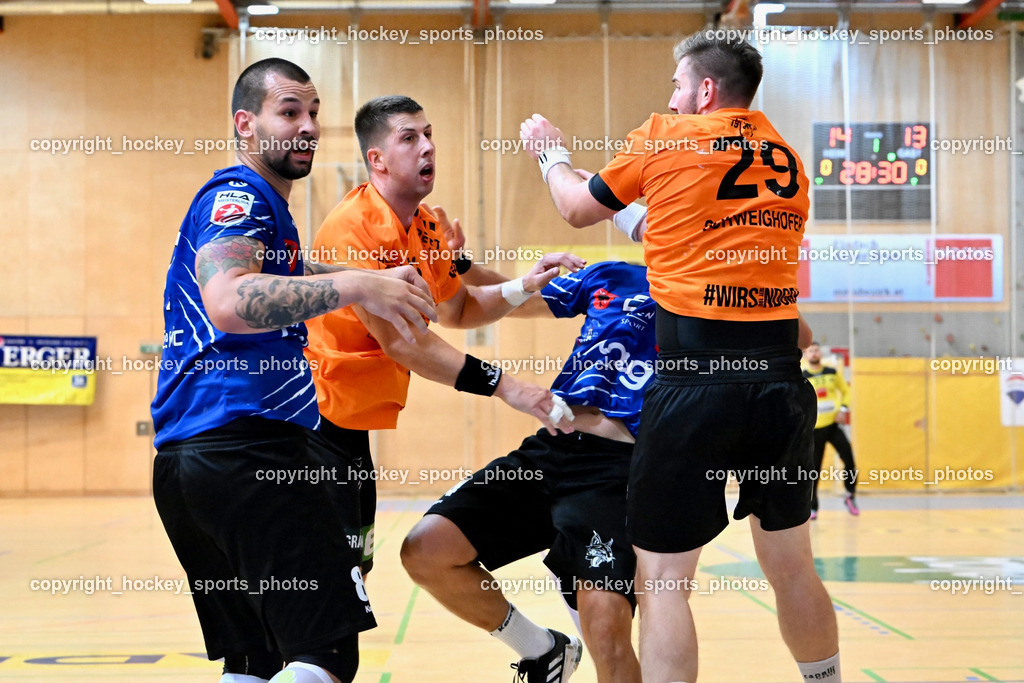 SC Ferlach vs. HSG Holding Graz 23.9.2023 | #81 MILICEVIC Adrian SC Ferlach, #23 BELOS Nemanja Holding Graz, #29 Schweighofer Lukas Holding Graz, SC Ferlach vs. HSG Holding Graz 23.9.2023, SC Ferlach vs. HSG Holding Graz am 23.09.2023 in Bleiburg (Ballspielhalle Ferlach), Austria, (Photo by Bernd Stefan)