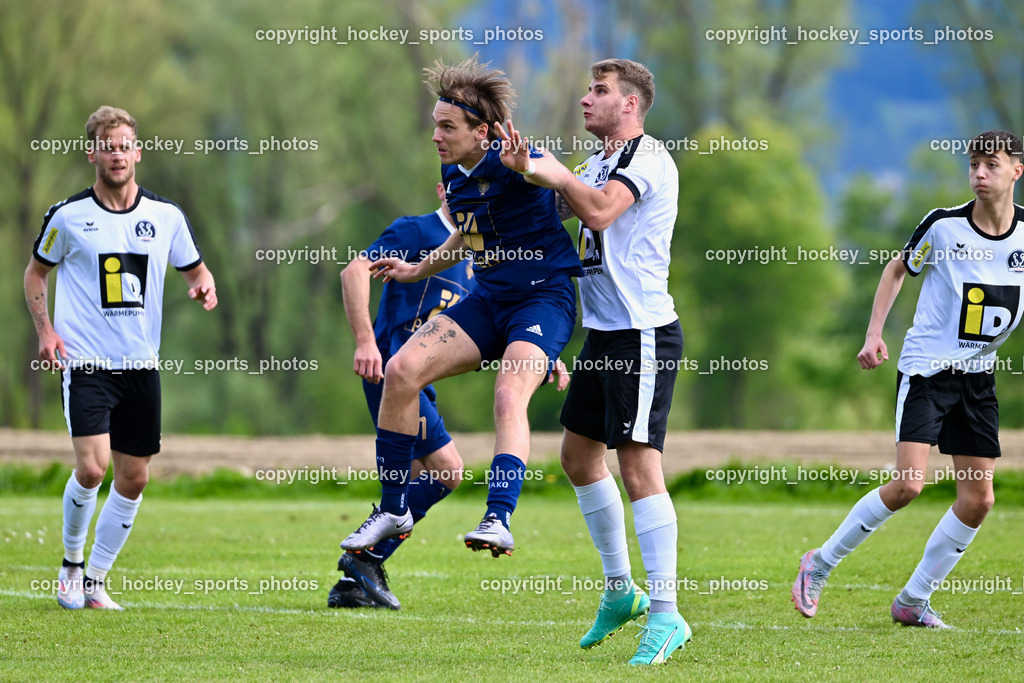 ATUS Velden vs. SV Spittal | #44 Miha Kostanjsek SV Spittal, #10 Lukas Lausegger ATUS Velden, #4 Thomas Walker SV Spittal, #23 Tobias Tolschein SV Spittal, ATUS Velden vs. SV Spittal, ATUS Velden vs. SV Spittal am 27.04.2024 in St. Egyden (Sportplatz St. Egyden), Austria, (Photo by Bernd Stefan)
