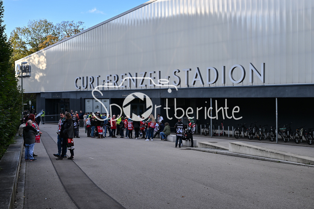 Augsburger Panther - Löwen Frankfurt | Das Curt Frenzel Stadion strahlt in der Sonne / Symbolbild / DEL: Augsburger Panther - Löwen Frankfurt, Curt Frenzel Stadiom am 11.10.2024