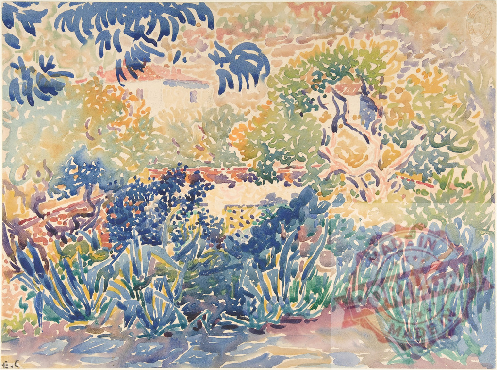 Henri-Edmond Cross watercolor painting of a lively garden landscape. Henri Edmund Cross | Lush garden watercolor painting showing vibrant foliage and a distant house under a blue sky - Realized with Pictrs.com