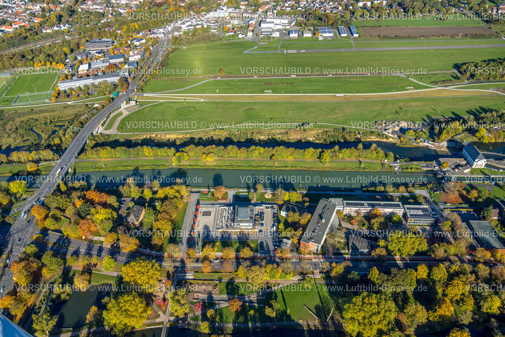 Hamm251001371 | Luftbild, Flugplatz Lippewiesen, Hammonense Gymnasium, Wassersportzentrum am Datteln-Hamm-Kanal, herbstliche Bäume, Mitte, Hamm, Ruhrgebiet, Nordrhein-Westfalen, Deutschland