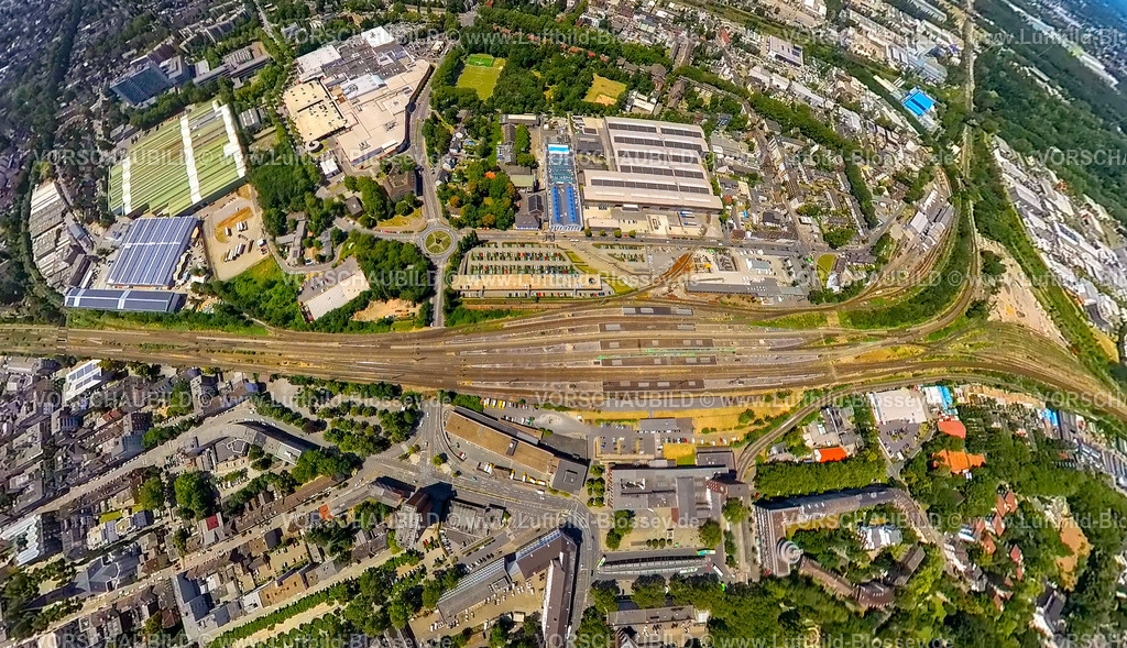 Oberhausen230790142_Hauptbahnhof | Luftbild, Hauptbahnhof, Erdkugel, Fisheye Aufnahme, Fischaugen Aufnahme, 360 Grad Aufnahme, tiny world, Innenstadt, Oberhausen, Ruhrgebiet, Nordrhein-Westfalen, Deutschland