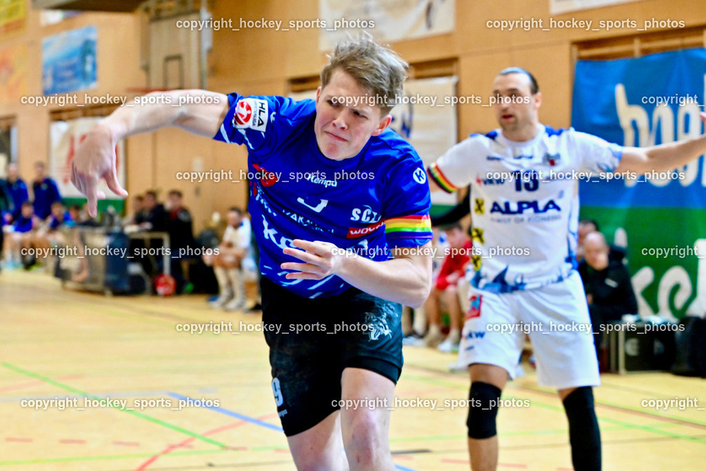 SC Ferlach vs. ALPLA HC Hard 2.3.2024 | #9 SAGER Nico SC Ferlach, #13 WÜSTNER Frederic HC Hard, SC Ferlach vs. ALPLA HC Hard 2.3.2024, SC Ferlach vs. ALPLA HC Hard am 02.03.2024 in Ferlach (Ballspielhalle Ferlach), Austria, (Photo by Bernd Stefan)