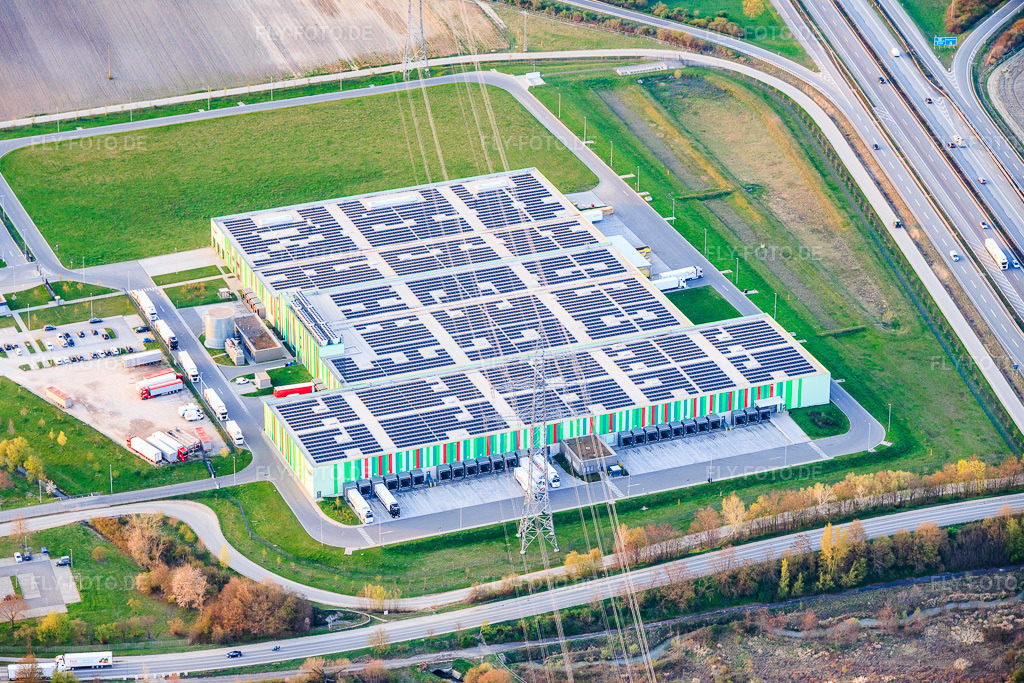 Luftbild: Neue Hallen des Pfalzmarkt für Obst und Gemüse eG in Mutterstadt im Bundesland Rheinland-Pfalz in Deutschland. Foto: IMG_153626.jpg vom 23.03.2026 durch Werner Riehm/FLY-FOTO.deAuflösung des Originals: 5927 x 3952 pxPfalzmarkt