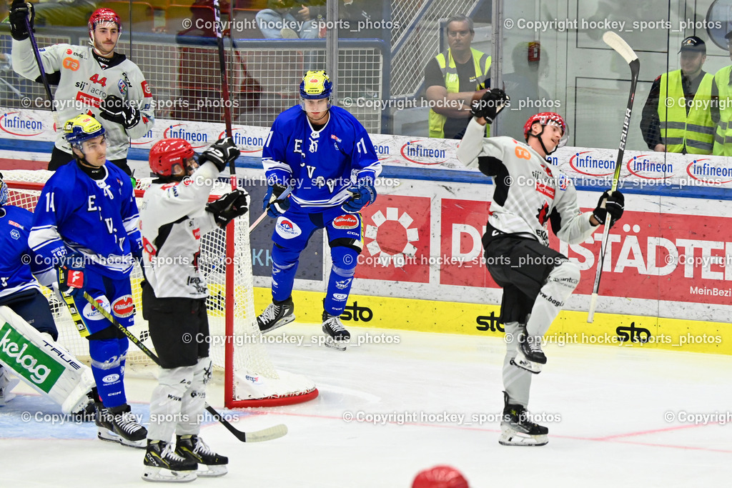 EC IDM Wärmepumpen VSV vs. HDD Jesenice | Jubel HDD Jesenice, #14 TSCHURNIG Johannes EC VSV, #91 WETZL Niklas EC VSV, #44 STURM Jaka HDD Jesenice, #66 VALTOLA Ollie HDD Jesenice, EC IDM Wärmepumpen VSV vs. HDD Jesenice, EC IDM Wärmepumpen VSV vs. HDD Jesenice am 08.09.2024 in Villach (Stadthalle Villach), Austria, (Photo by Bernd Stefan)