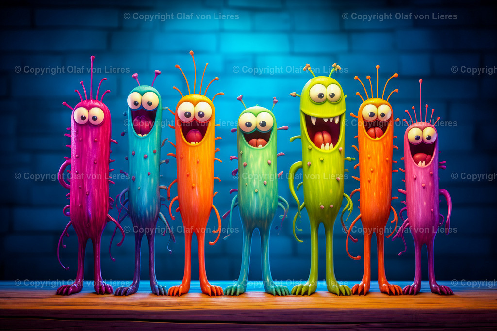 lustige Monster auf blauem Hintergrund | fröhliche bunte Monster vor einer Wand