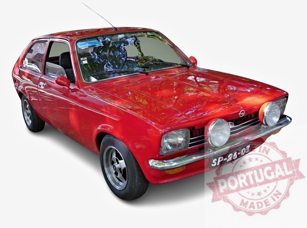 Classic Opel Kadett C reflecting trees parked on a white background | Shiny red Opel Kadett C Coupe reflecting trees parked on white background - Realized with Pictrs.com
