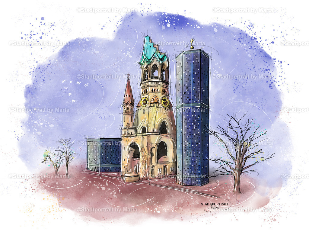 Kaiser-Wilhelm-Gedächtniskirche Berlin – Stadtportrait by Marta | Ein alter Kirchturm umgeben von moderner Architektur. Berlin ist eine Stadt von Alt und Neu, Erinnerung und Zukunft. Und kaum ein Wahrzeichen spiegelt das besser wider als die Kaiser-Wilhelm-Gedächtniskirche am Breitscheidplatz.Ein etwas traumhafter gestaltetes Stadtportrait, wie eine kleine Erinnerung zwischen Vergangenheit und Gegenwart. Erhältlich als Wandbild unter anderem auf Leinwand, Fine-Art-Papier oder Forex.