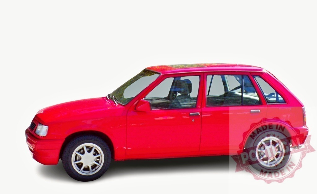 Red Opel Corsa Swing Hatchback Car Parked on White Background | Shiny red Opel Corsa Swing hatchback parked, showcasing its classic design and vibrant color - Realisiert mit Pictrs.com