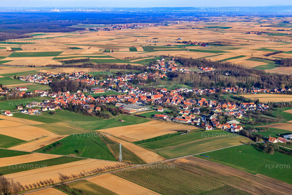 Aerial view: View of the town from the northwest in Riedseltz in the state Bas-Rhin, France. – Photo: IMG_38781.jpg taken on 03/20/2011 by Werner Riehm/FLY-FOTO.com – Resolution of the original: 4540 x 3027 px