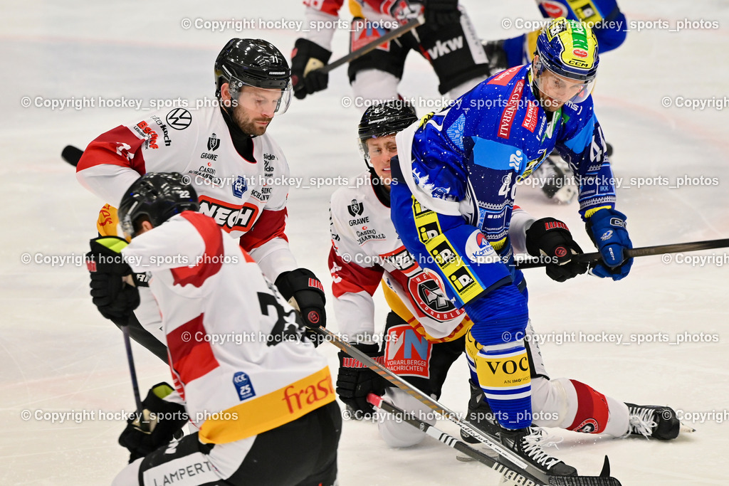 EC IDM Wärmepumpen VSV vs. Pioneers Vorarlberg | #71 Macierzynski Kevin PIONEERS VORARLBERG, #5 Lundegard Jakob PIONEERS VORARLBERG, #46 WALL Alex EC VSV, EC IDM Wärmepumpen VSV vs. Pioneers Vorarlberg, EC IDM Wärmepumpen VSV vs. Pioneers Vorarlberg am 14.12.2024 in Villach (Stadthalle Villach), Austria, (Photo by Bernd Stefan)