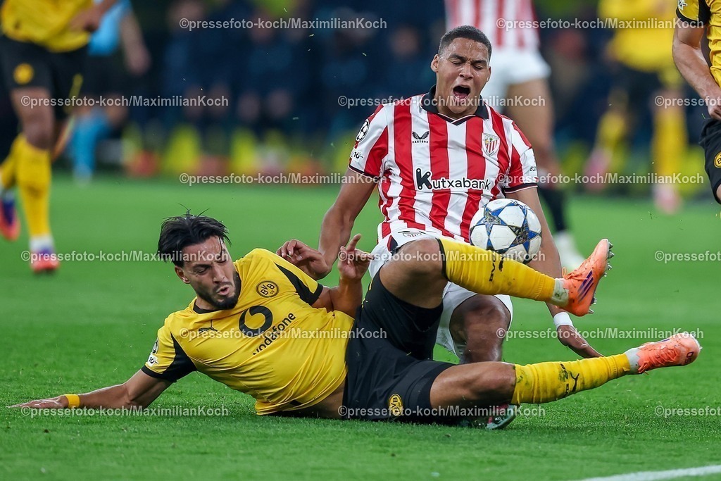 UCL01102501055 | 01.10.2025, Fußball, UEFA Champions League, Borussia Dortmund - Athletic Club Bilbao, BVB Stadion, 2. Spieltag, Saison 2025 2026: Maroan Sannadi (Bilbao #21) im Zweikampf gegen  Ramy Bensebaini (BVB #05) Regulations prohibit any use of photographs as image sequences and or quasi-video.