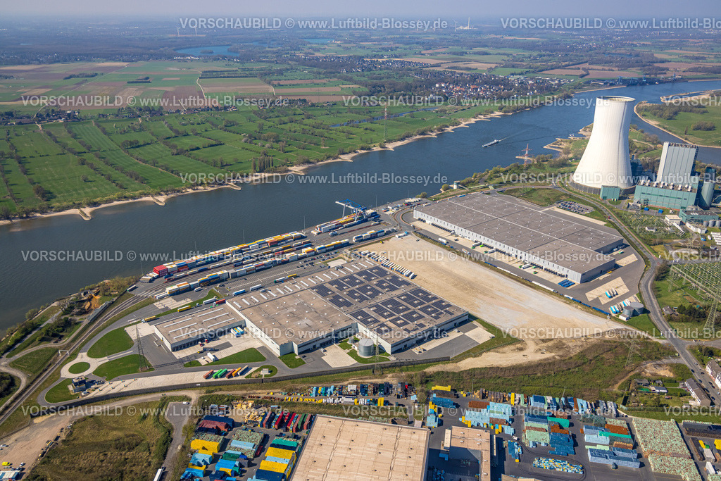 Duisburg250402921Logport6Walsum | Luftbild, Duisburg-Nord, duisport logport VI Walsum, logport 6, STEAG Kraftwerk Walsum am Fluss Rhein, Rheinaue und Blick nach Rheinberg-Orsoy, Alt-Walsum, Duisburg, Ruhrgebiet, Nordrhein-Westfalen, Deutschland