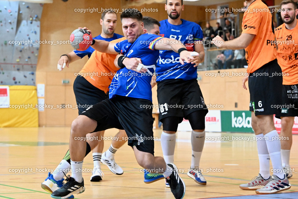 SC Ferlach vs. HSG Holding Graz 23.9.2023 | #3 SCHMID Lukas Holding Graz, #24 JOVANOVIC Mladan SC Ferlach, #81 MILICEVIC Adrian SC Ferlach, #6 PISARIC Djordje Holding Graz, SC Ferlach vs. HSG Holding Graz 23.9.2023, SC Ferlach vs. HSG Holding Graz am 23.09.2023 in Bleiburg (Ballspielhalle Ferlach), Austria, (Photo by Bernd Stefan)