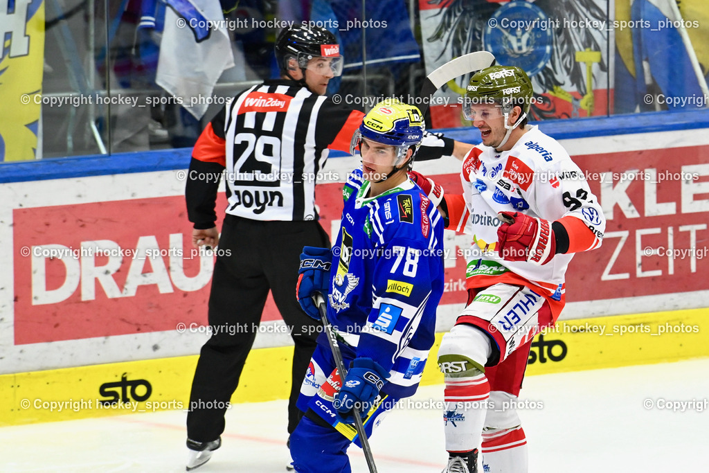 EC IDM Wärmepumpen VSV vs. HC Bozen 19.9.2023 | Piragic Trpimir Referee, #78 MAXA Felix,  #92 Thomas Christian, win2day icehockeyleague, EC IDM Wärmepumpen - HC Bozen  am 19.09.2023 in Villach (Stadhalle Villach), Austria, (Photo by Bernd Stefan)