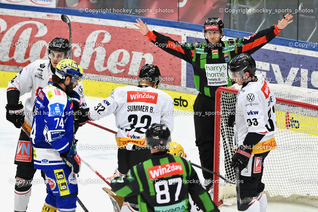 EC IDM Wärmepumpen VSV vs. Pioneers Vorarlberg | REZEK GREGOR Referee, #33 Aron Summer Pioneers Vorarlberg, #32 Ben Summer Pioneers Vorarlberg, #74 Joel Teasdale EVC VSV, EC IDM Wärmepumpen VSV vs. Pioneers Vorarlberg, EC IDM Wärmepumpen VSV vs. Pioneers Vorarlberg am 22.02.2026 in Villach (Stadthalle Villach), Austria, (Photo by Bernd Stefan)