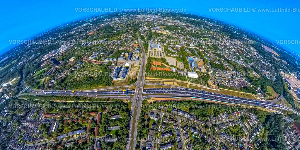 Bochum240890850_B448_Venovia-Zentrale | Luftbild, Straßenverkehr Autobahn A448 und Brücke der Universitätsstraße, Seven Stones Quartier und Apartment-Neubau eines Gebäudekomplexes in Modulbauweise am Community Campus Smart Forward, Vonovia Zentrale, Erdkugel, Fisheye Aufnahme, Fischaugen Aufnahme, 360 Grad Aufnahme, tiny world, little planet, fisheye Bild, Wiemelhausen, Bochum, Ruhrgebiet, Nordrhein-Westfalen, Deutschland