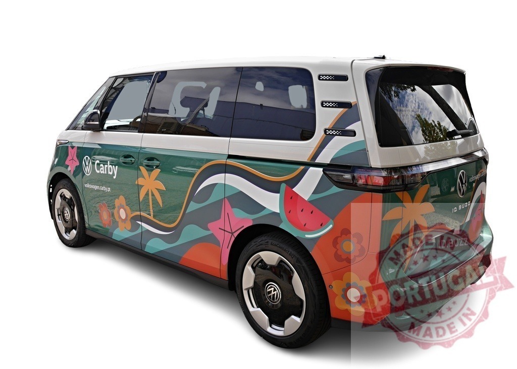 Volkswagen ID.Buzz Carby showing summery wrap design | Volkswagen ID.Buzz electric minivan with Carby summer-themed wrap promoting ride-sharing service - Realized with Pictrs.com
