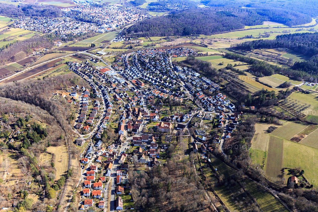 Luftbild: Ortsansicht von Westen im Ortsteil Dätzingen in Grafenau im Bundesland Baden-Württemberg in Deutschland. Foto: IMG_124847.jpg vom 20.02.2021 durch Werner Riehm/FLY-FOTO.de