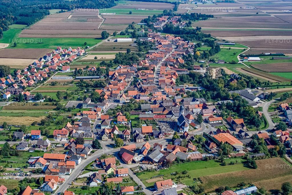 Vue aérienne: Vue de la ville depuis l'ouest à Niederlauterbach dans le département Bas Rhin, France – .Photo: IMG_13570.jpg prise le 28/09/2008 par Werner Riehm/FLY-FOTO.eu – Résolution de l'original: 3456 x 2304 px