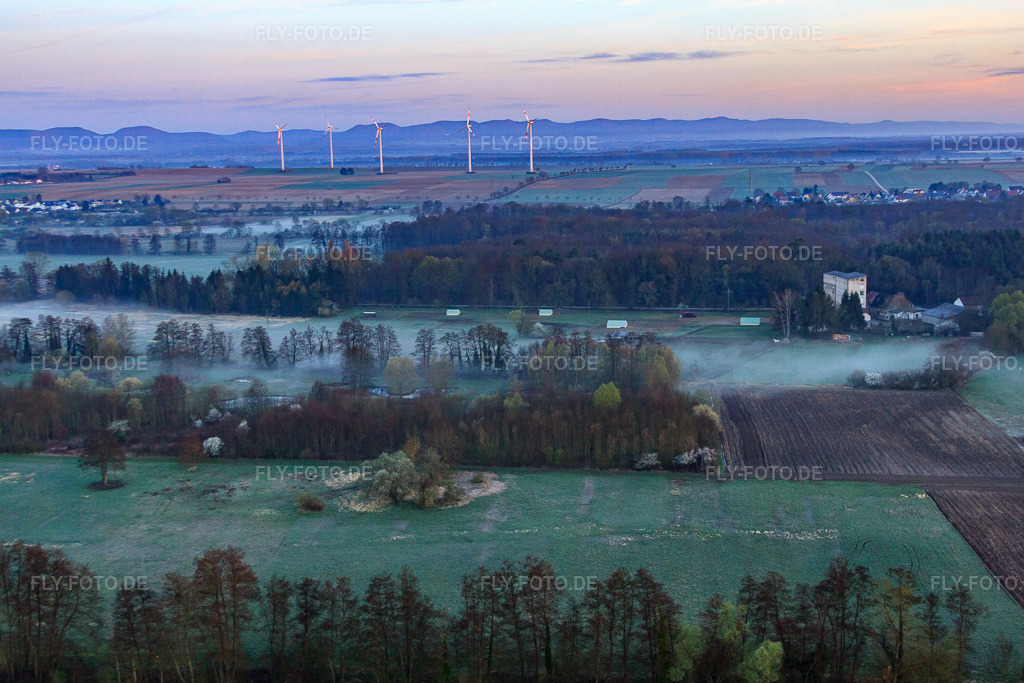 Luftbild: Hardtmühle in der Otterbachniederung im Morgendunst in Kandel im Bundesland Rheinland-Pfalz in Deutschland. Foto: IMG_62976.jpg vom 20.03.2014 durch Werner Riehm/FLY-FOTO.de