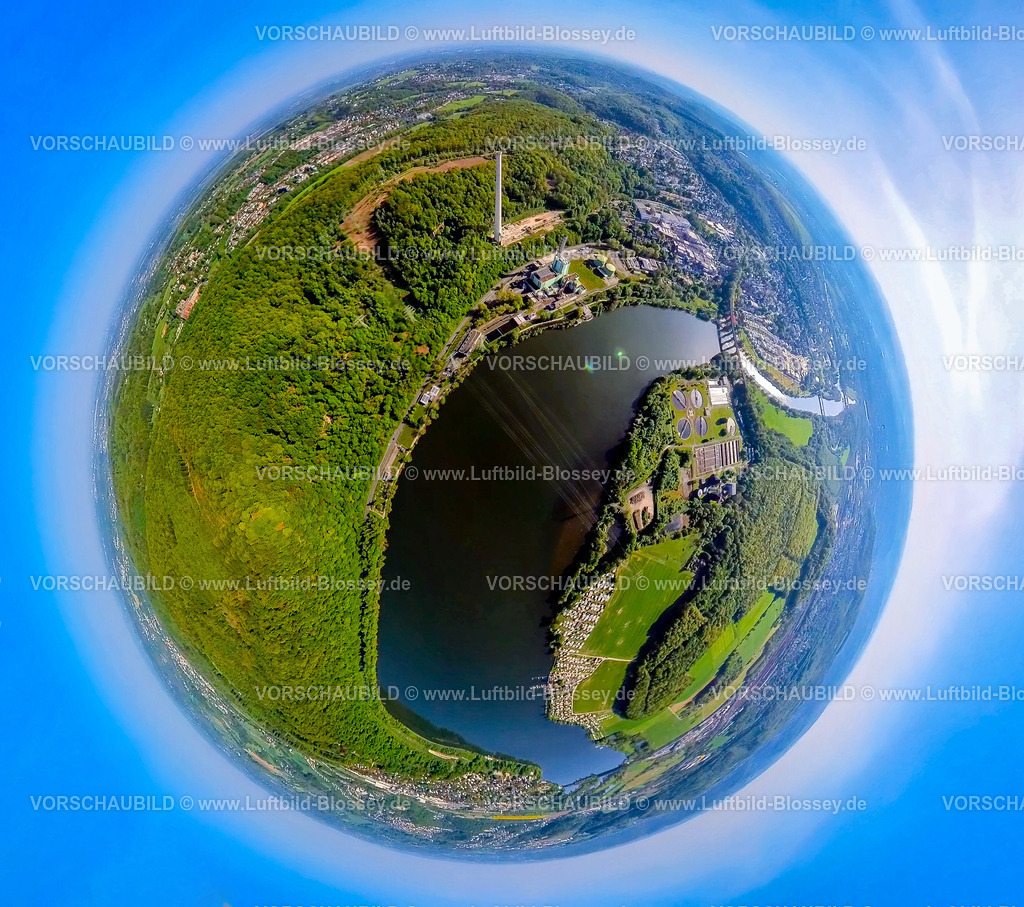 Herdecke240590180Harkortsee | Luftbild, Harkortsee und Riuhr Viadukt, Ruhrverband Kläranlage Hagen, Cuno Kraftwerk Schornstein Turm, Ardeywald, Erdkugel, Fisheye Aufnahme, Fischaugen Aufnahme, 360 Grad Aufnahme, tiny world, little planet, fisheye Bild, Vorhalle, Hagen, Ruhrgebiet, Nordrhein-Westfalen, Deutschland