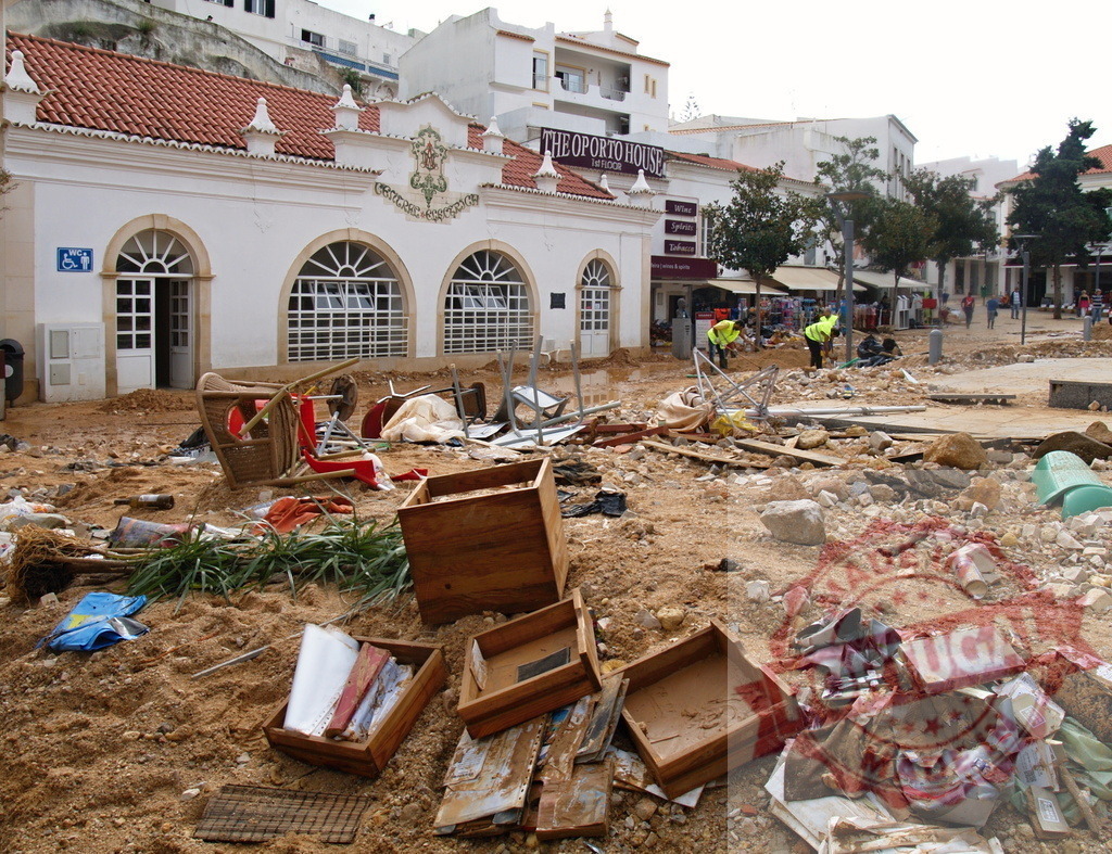 Town square devastation after a natural disaster flood | Albufeira Flood - discruction by weather problems Town square covered in mud, debris, and damaged personal belongings after a flood - Realisiert mit Pictrs.com