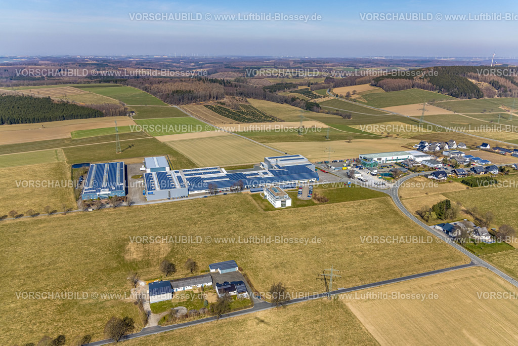 Brilon220303100 | Luftbild, BMS Industriebau mit Solardach, Alte Heeresstraße in Altenbüren, Brilon, Sauerland, Nordrhein-Westfalen, Deutschland