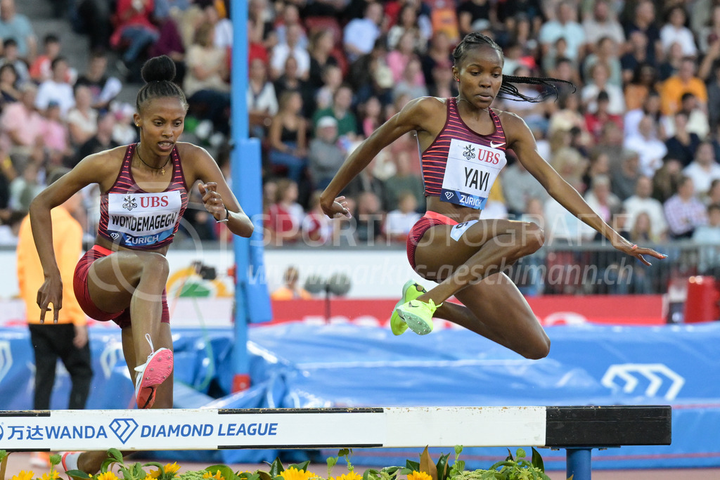 Leichtathletik: Weltklasse Zürich | 08.09.2022, Zürich, Letzigrund, Leichtathletik: Weltklasse Zürich, YAVI Winfred Mutile (BRN) vor WONDEMAGEGN Zerfe (ETH) im 3000m-Hindernislauf der Frauen. - Realisiert mit Pictrs.com