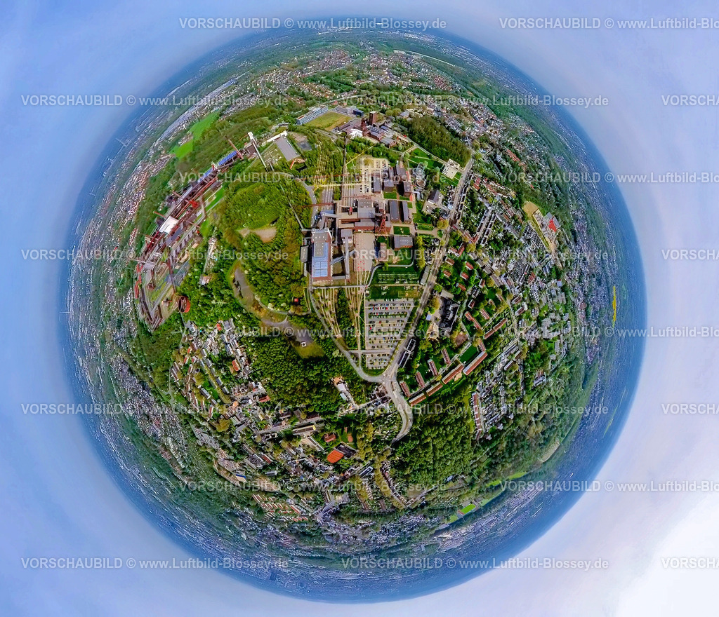 Essen240490037ZecheZollverein | Luftbild, UNESCO-Welterbe Zollverein, Zeche Zollverein und Kokerei, Erdkugel, Fisheye Aufnahme, Fischaugen Aufnahme, 360 Grad Aufnahme, tiny world, little planet, fisheye Bild, Stoppenberg, Essen, Ruhrgebiet, Nordrhein-Westfalen, Deutschland