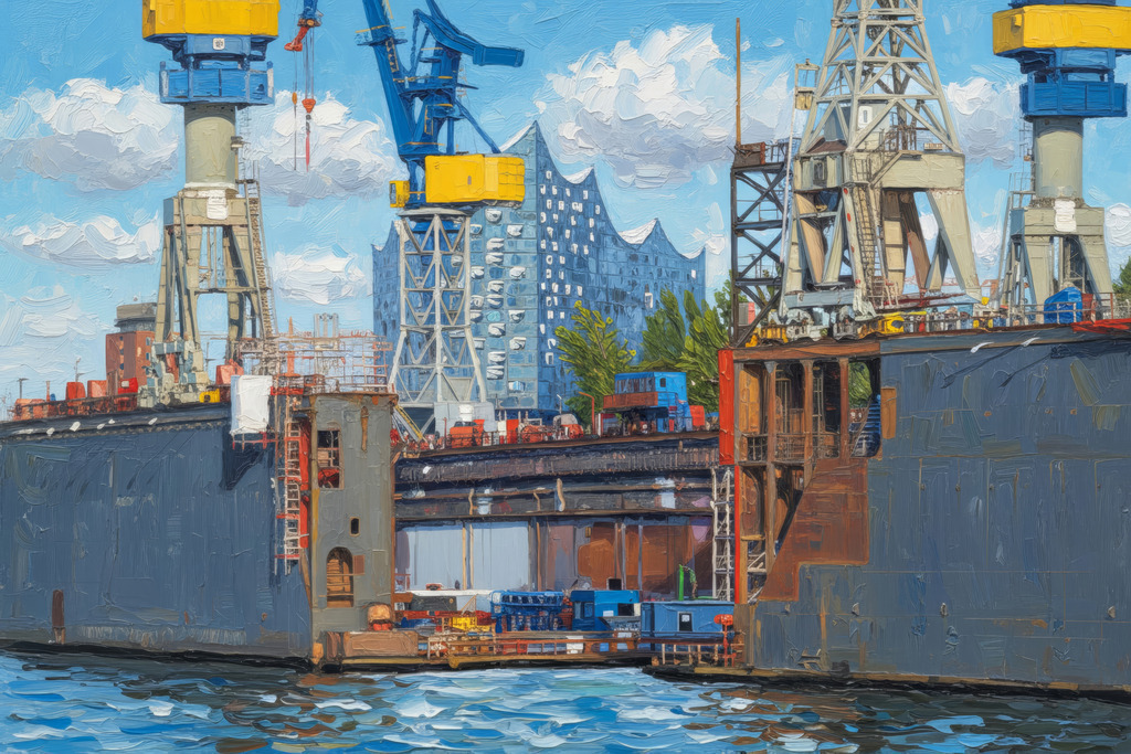 10251106 - Blick durch die Docks | Die Elbphilharmonie zwischen Dock 10 und 11 im Stil eines Gemäldes.