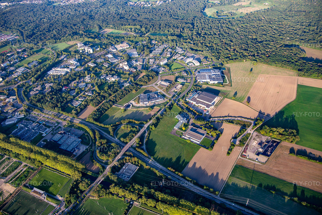 Aerial view: Le Parc d'innovation Strasbourg commercial area with Institute Clinique De La Souris, IGBMC - Institut de génétique et de biology moléculaire et cellularaire, Transgene SA and Thermo Fisher Scientific in Illkirch-Graffenstaden in the state Bas-Rhin, France.Photo: IMG_137865.jpg taken on 08/18/2023 by Werner Riehm/FLY-FOTO.comResolution of the original: 5472 x 3648 pxWWW.ICS-MCI.FR