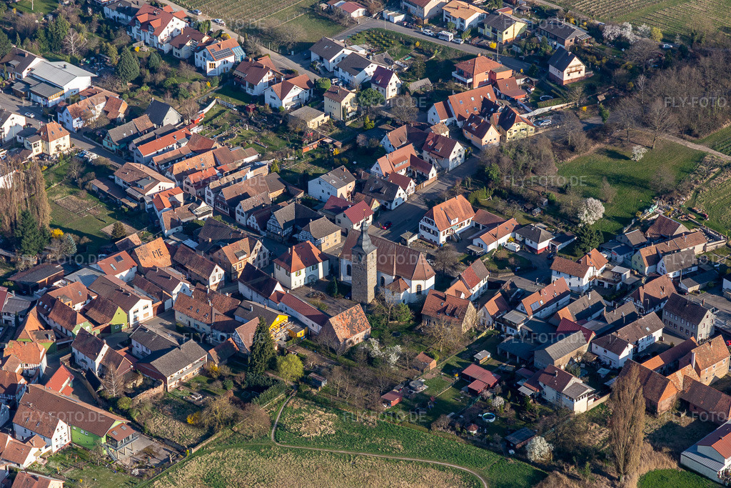 Luftbild: kath. Kirche Apostel Simon und Judas in der Dorfmitte im Ortsteil Pleisweiler in Pleisweiler-Oberhofen im Bundesland Rheinland-Pfalz in Deutschland. Foto: IMG_130909.jpg vom 22.03.2022 durch Werner Riehm/FLY-FOTO.de