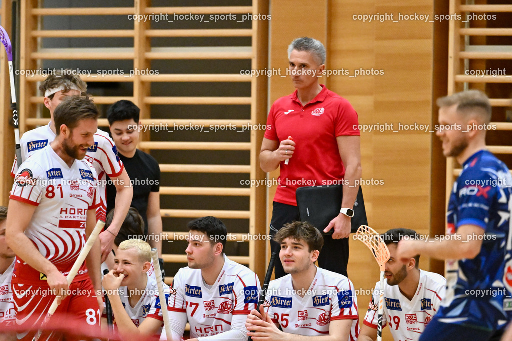 VSV Unihockey vs. KAC Floorball 4.2.2023 | #81 Peter Mack, #77 Thomas Huditz, Headcoach KAC Floorball Stefan Lekas