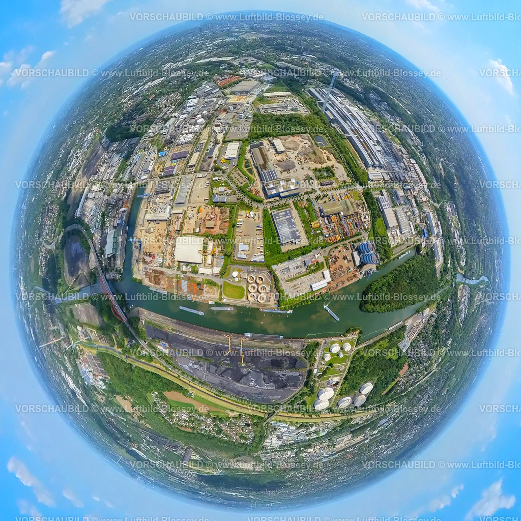 Essen230520092EssenerHafen | Luftbild, Essen Am Stadthafen, Kohlenlager Zentralhafen Bottrop, Erdkugel, Fisheye Aufnahme, Fischaugen Aufnahme, 360 Grad Aufnahme, Bergeborbeck, Essen, Ruhrgebiet, Nordrhein-Westfalen, Deutschland