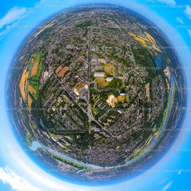 Duisburg230790216_Alt-Homberg | Luftbild, Ortsansicht Ortsteil Alt-Homberg, Erdkugel, Fisheye Aufnahme, Fischaugen Aufnahme, 360 Grad Aufnahme, tiny world, Hochheide, Duisburg, Ruhrgebiet, Nordrhein-Westfalen, Deutschland